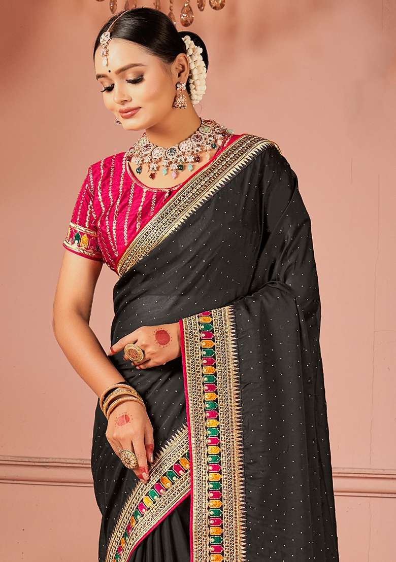 Black Printed Vichitra Silk Blend Saree Set for Diwali and Festive Wear - Indya