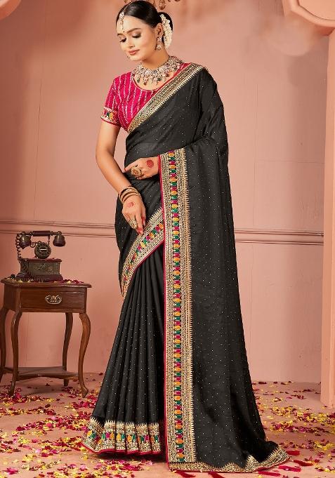 Black Printed Vichitra Silk Saree Set