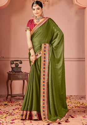 Olive Printed Vichitra Silk Blend Saree Set