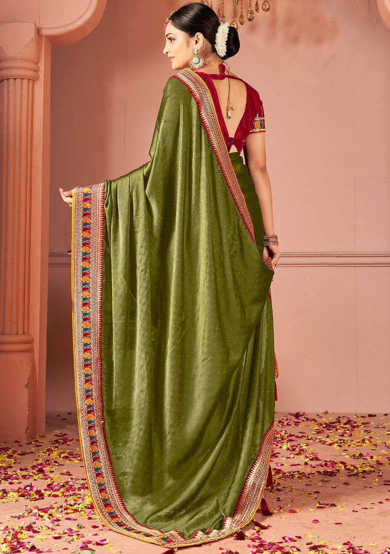 Olive Printed Vichitra Silk Blend Saree Set for Diwali and Festive Wear - Indya