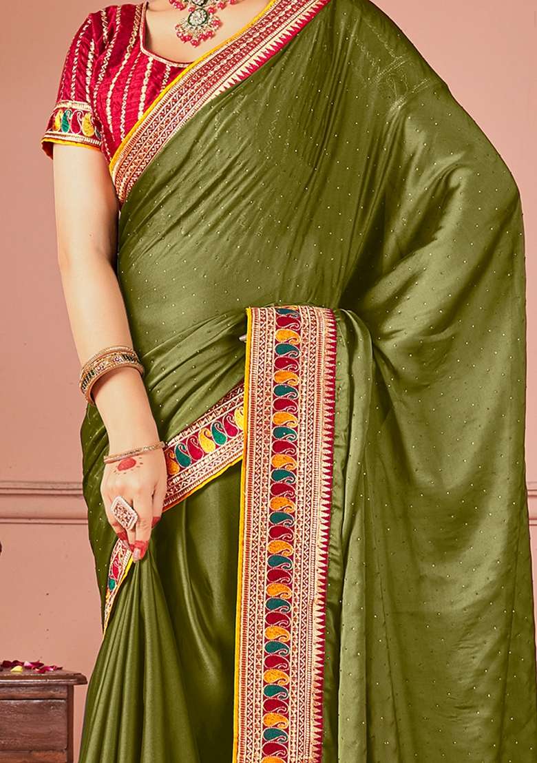 Olive Printed Vichitra Silk Blend Saree Set for Diwali and Festive Wear - Indya