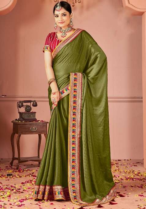Olive Printed Vichitra Silk Blend Saree Set for Diwali and Festive Wear