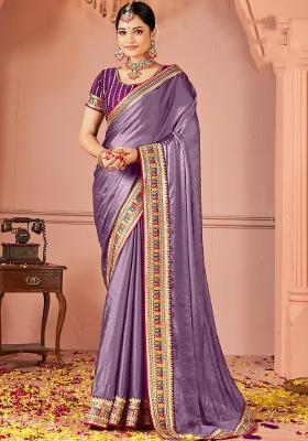 Violet Printed Vichitra Silk Blend Saree Set