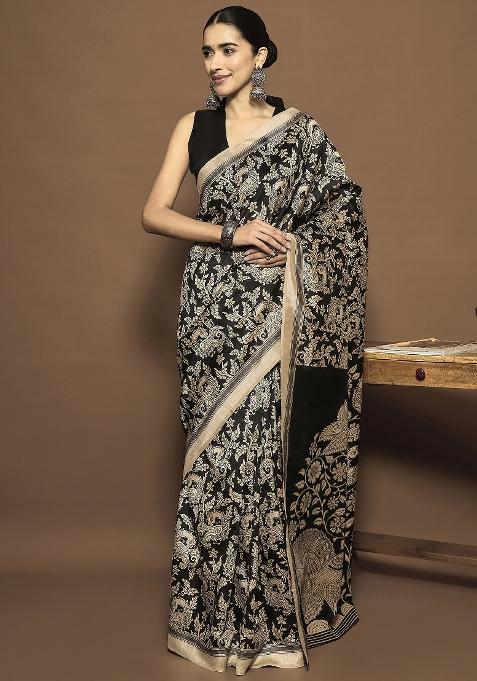 Black Printed Bhagalpuri Silk Saree Set — view on Indya