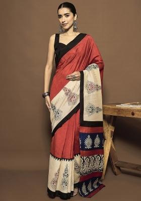 Rust Printed Bhagalpuri Silk Saree Set