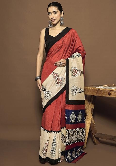 Rust Printed Bhagalpuri Silk Saree Set — view on Indya