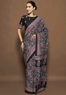 Black Printed Dola Silk Saree Set
