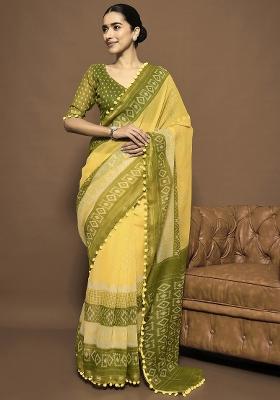 Yellow Printed Cotton Blend Saree Set