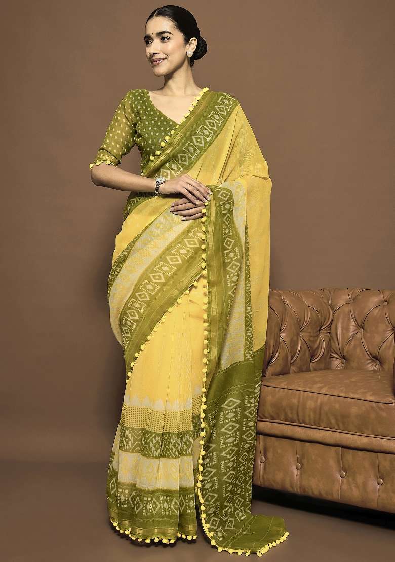 Yellow Printed Cotton Blend Saree Set - Indya
