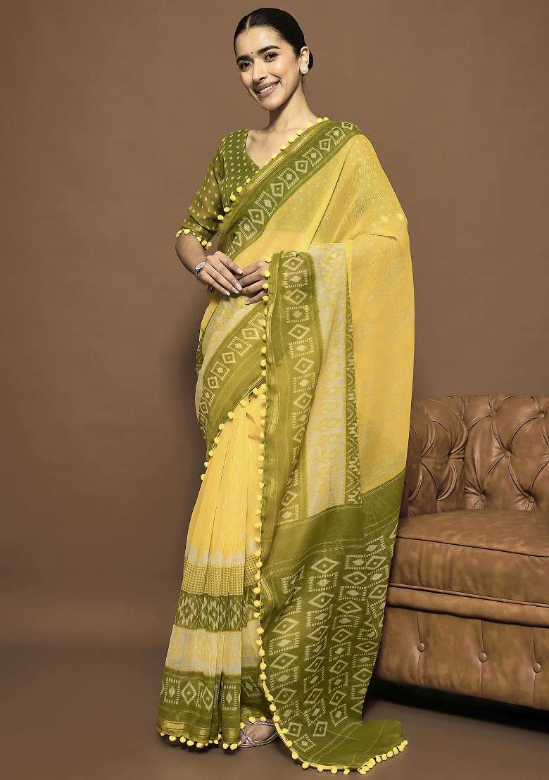 Yellow Printed Cotton Blend Saree Set - Indya
