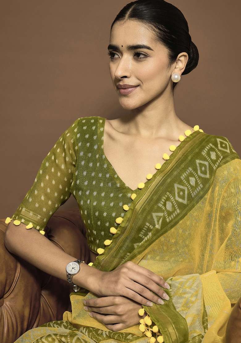 Yellow Printed Cotton Blend Saree Set - Indya