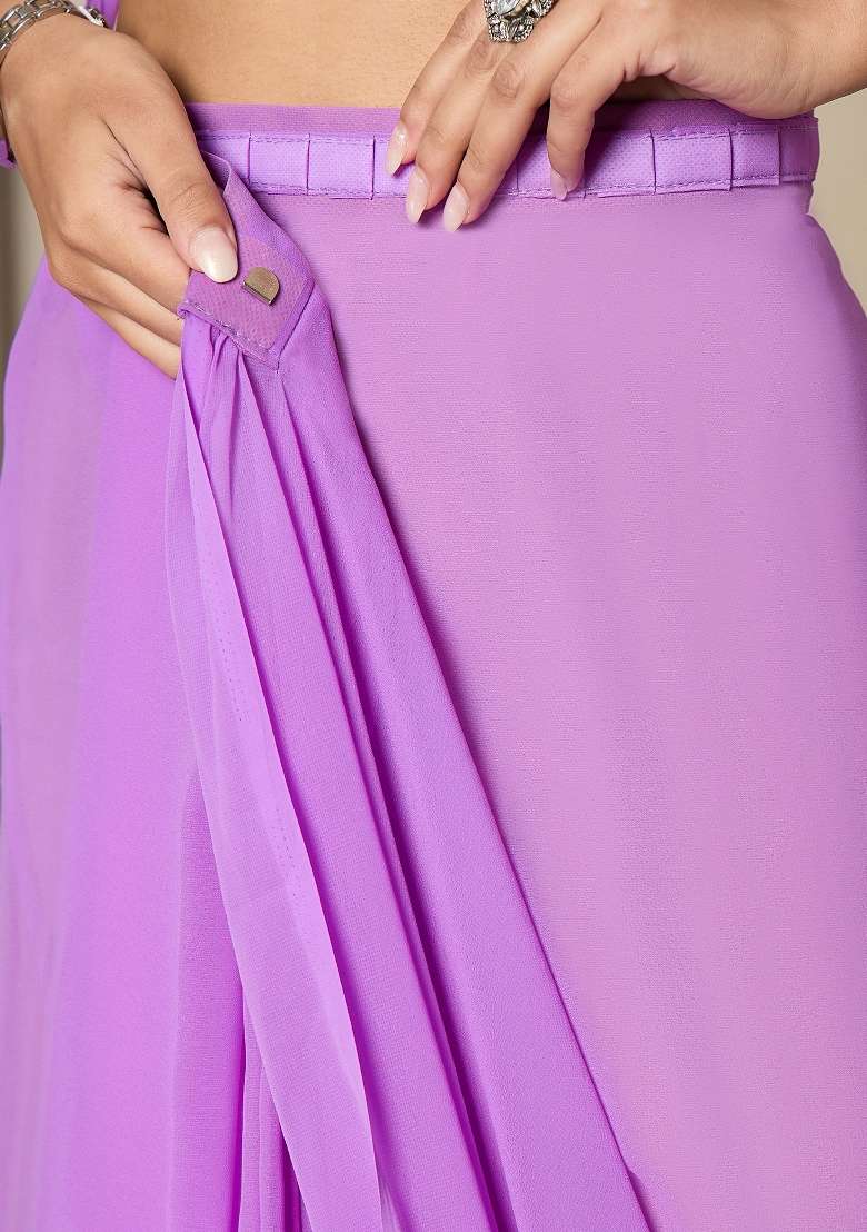 Lavender Printed Georgette Saree Set - Indya