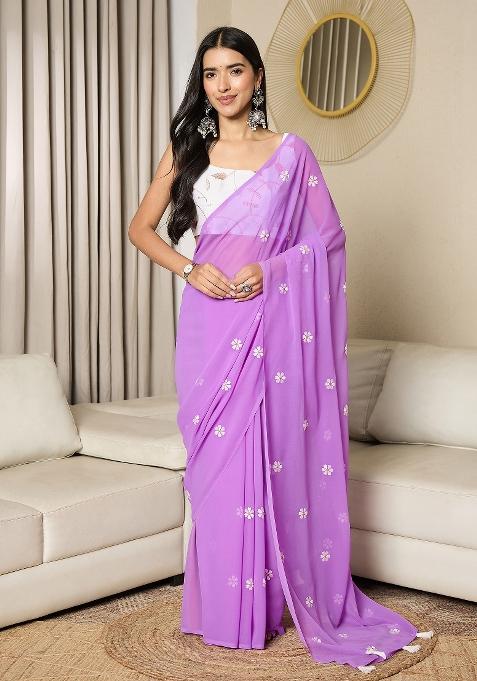 Lavender Printed Georgette Saree Set — view on Indya