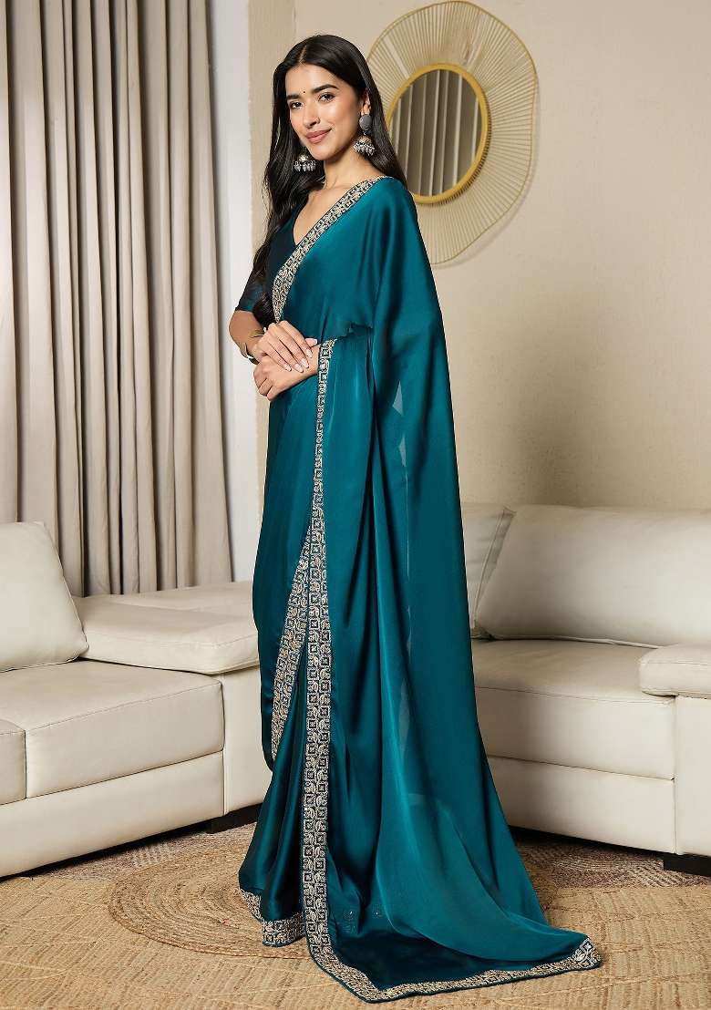 Blue Satin Saree Set with Printed for Diwali | Wedding & Festive Wear - Indya