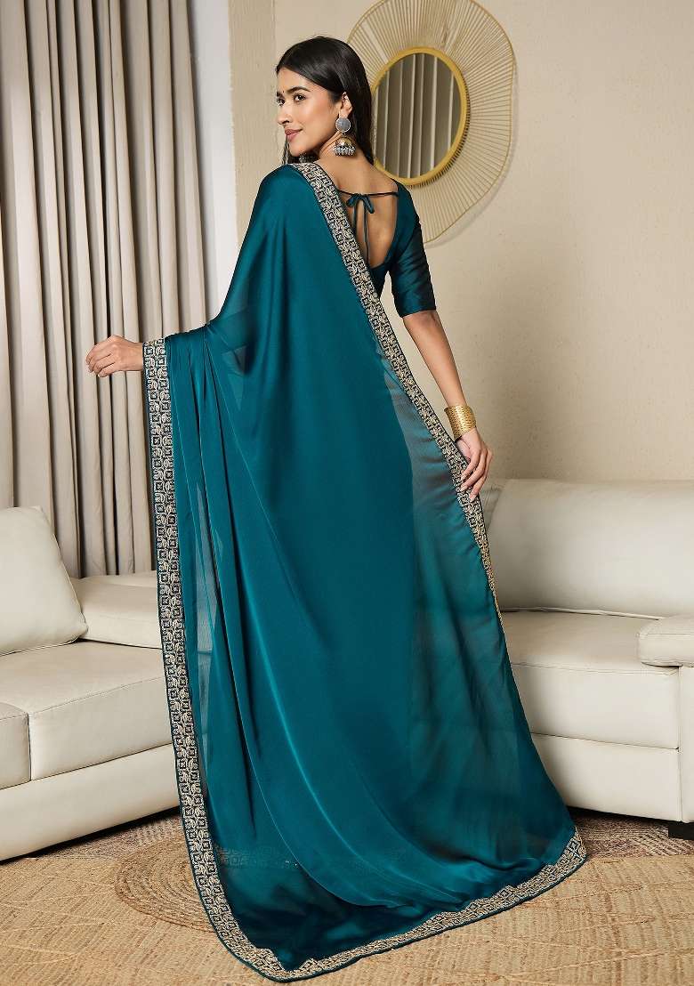 Blue Satin Saree Set with Printed for Diwali | Wedding & Festive Wear - Indya