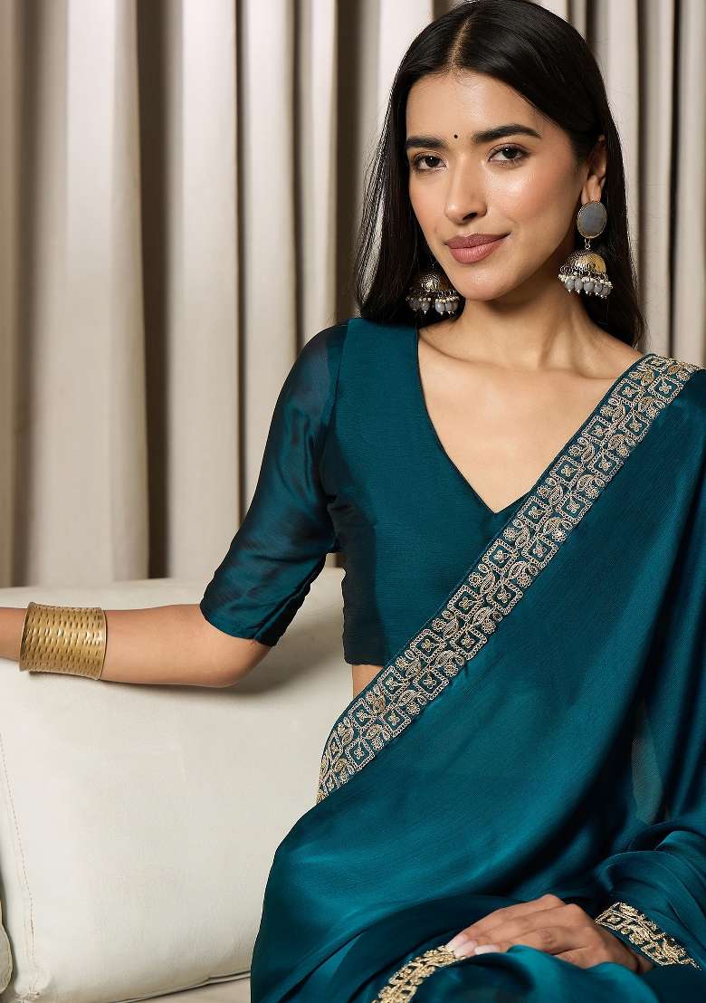 Blue Satin Saree Set with Printed for Diwali | Wedding & Festive Wear - Indya