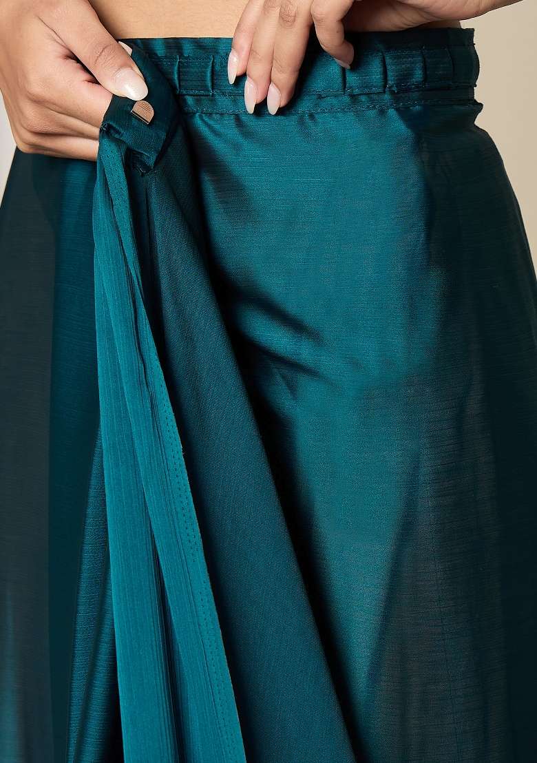 Blue Satin Saree Set with Printed for Diwali | Wedding & Festive Wear - Indya