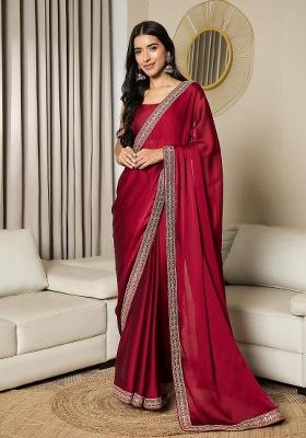 Maroon Printed Satin Saree Set
