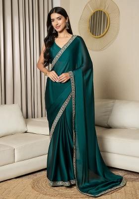 Teal Blue Printed Satin Saree Set