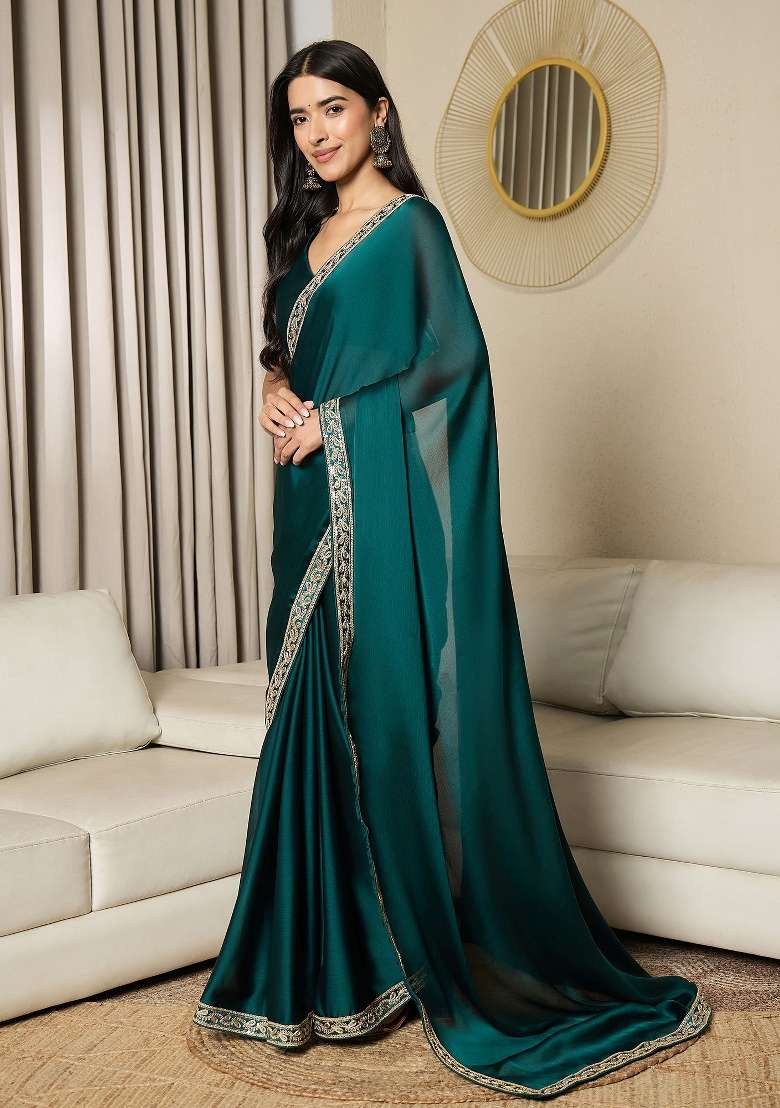 Teal Blue Satin Saree Set with Printed for Diwali | Wedding & Festive Wear - Indya