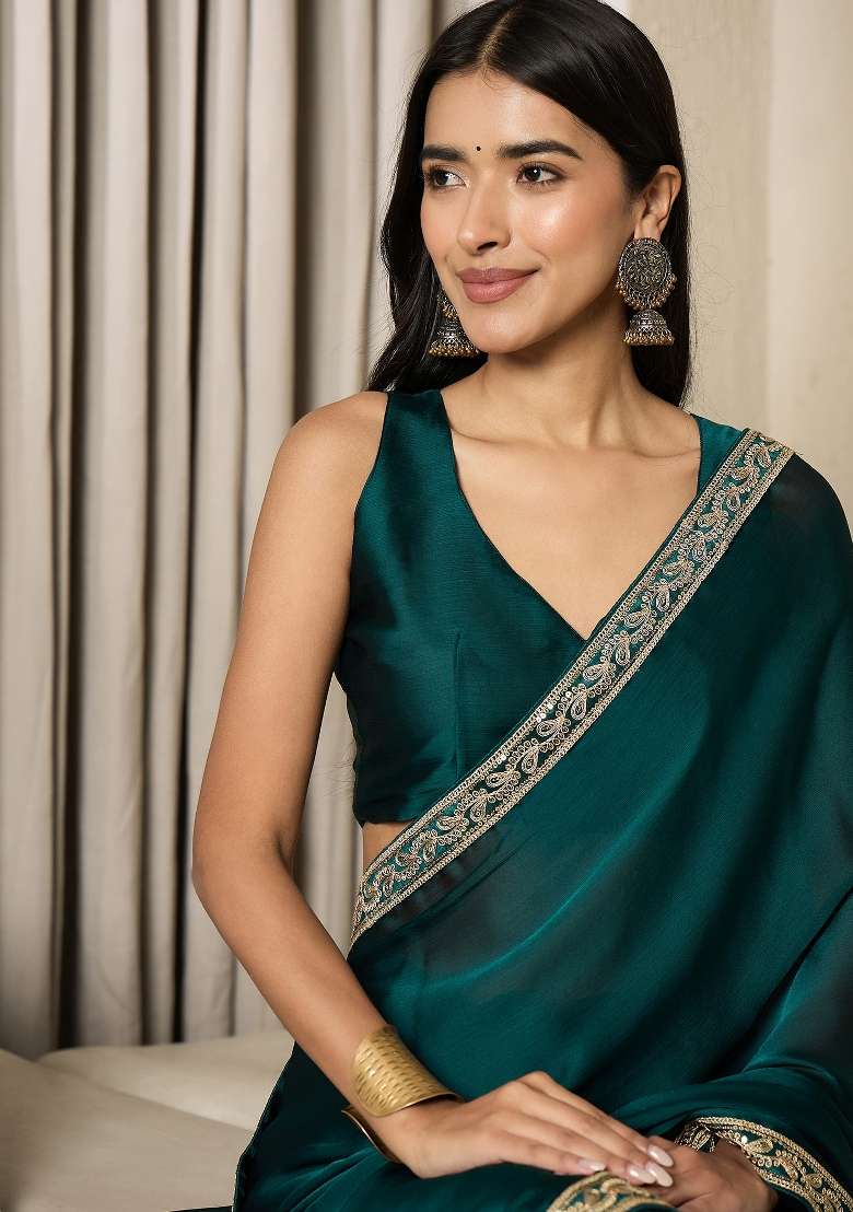 Teal Blue Satin Saree Set with Printed for Diwali | Wedding & Festive Wear - Indya