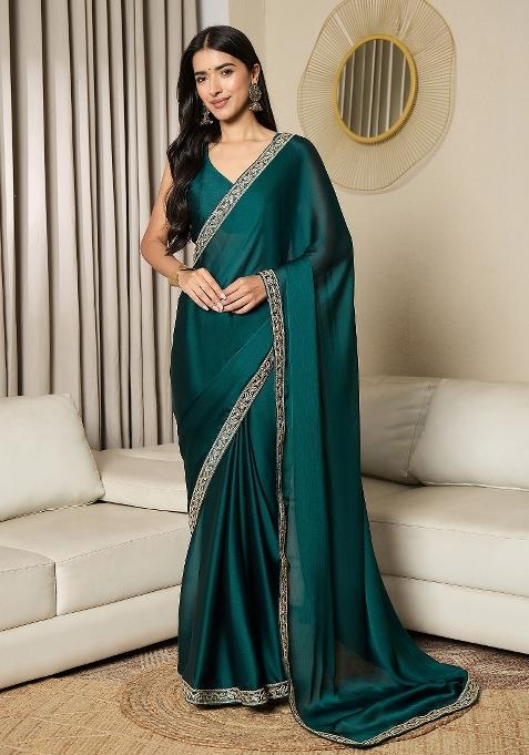 Teal Blue Printed Satin Saree Set — view on Indya