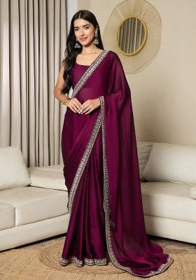 Magenta Printed Satin Saree Set