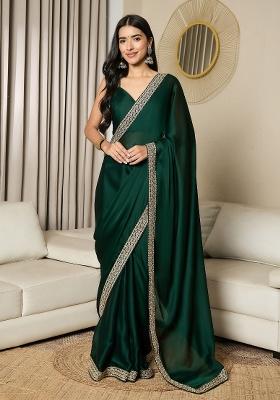 Dark Green Printed Satin Saree Set