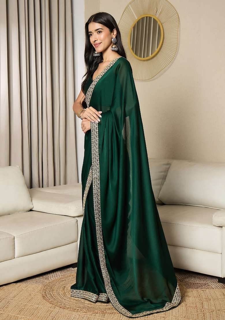 Dark Green Satin Saree Set with Printed for Diwali | Wedding & Festive Wear - Indya