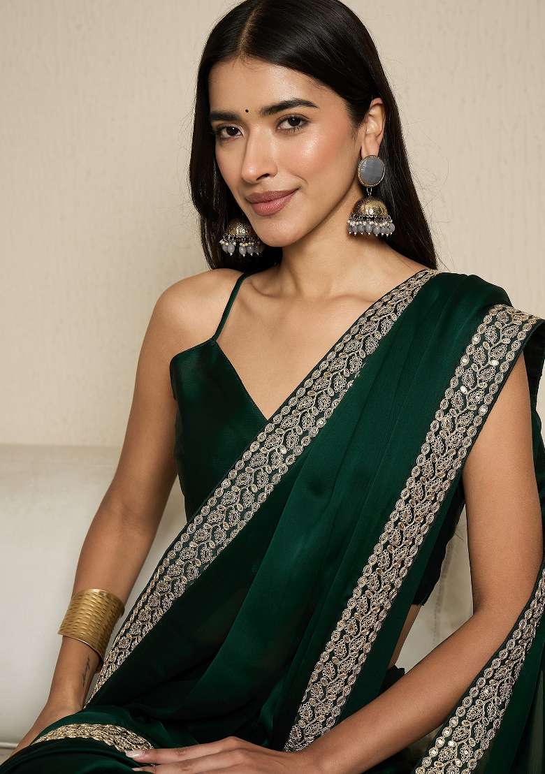 Dark Green Satin Saree Set with Printed for Diwali | Wedding & Festive Wear - Indya