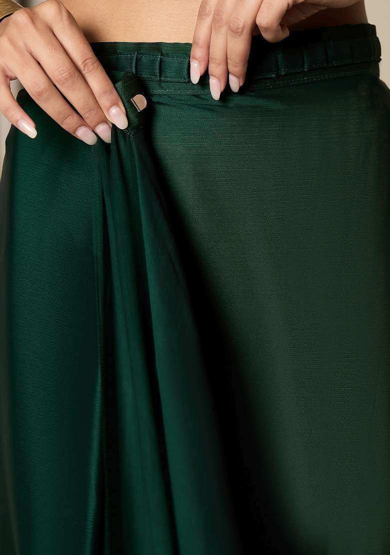 Dark Green Satin Saree Set with Printed for Diwali | Wedding & Festive Wear - Indya