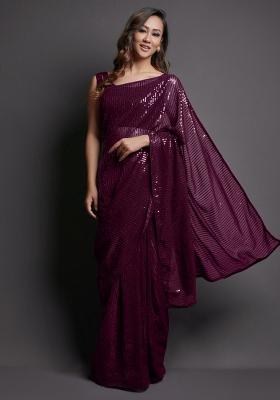 Burgundy Printed Georgette Saree Set