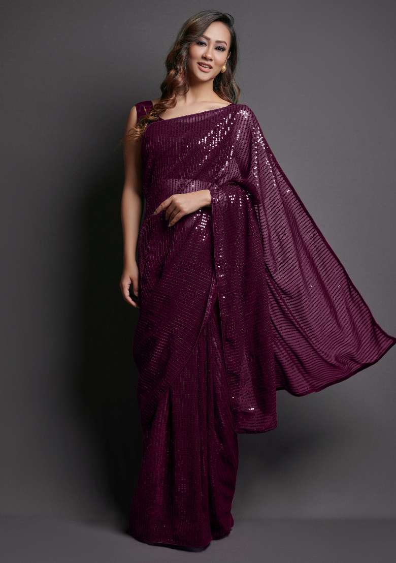 Burgundy Georgette Saree Set with Printed for Diwali | Wedding & Festive Wear - Indya