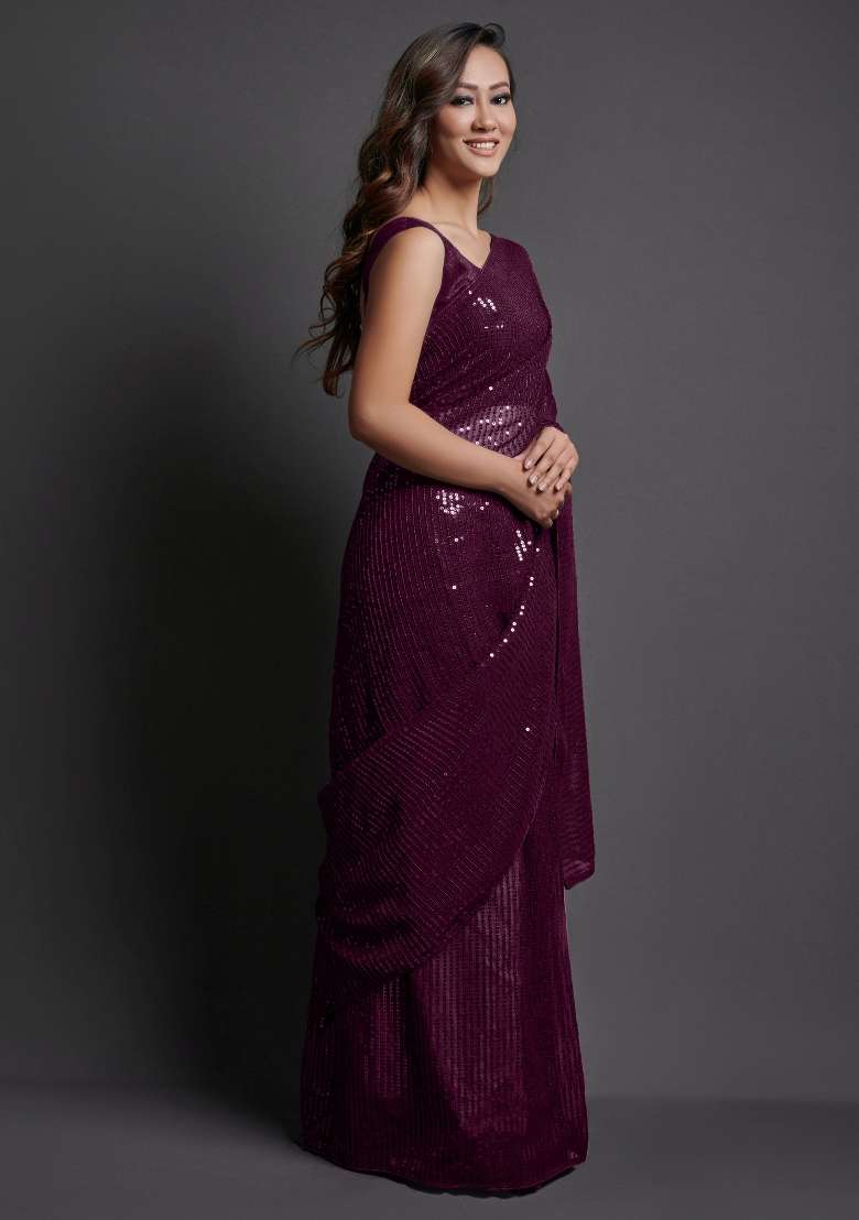 Burgundy Georgette Saree Set with Printed for Diwali | Wedding & Festive Wear - Indya