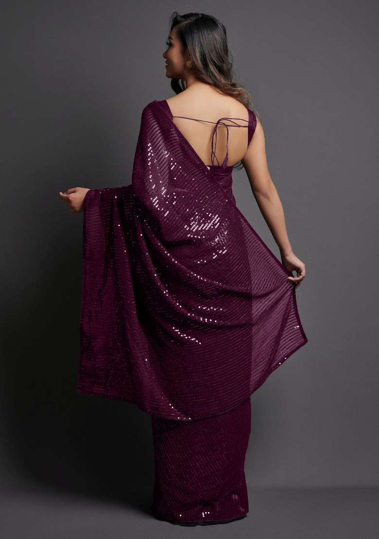 Burgundy Georgette Saree Set with Printed for Diwali | Wedding & Festive Wear - Indya