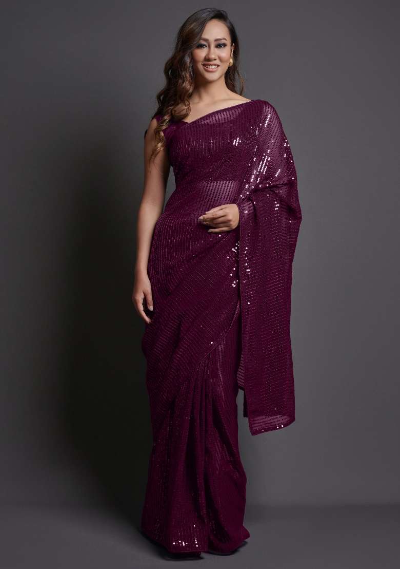 Burgundy Georgette Saree Set with Printed for Diwali | Wedding & Festive Wear - Indya