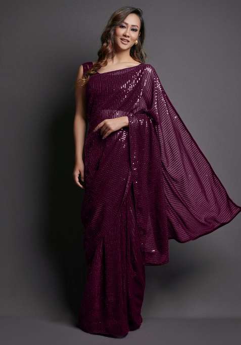 Burgundy Georgette Saree Set with Printed for Diwali | Wedding & Festive Wear