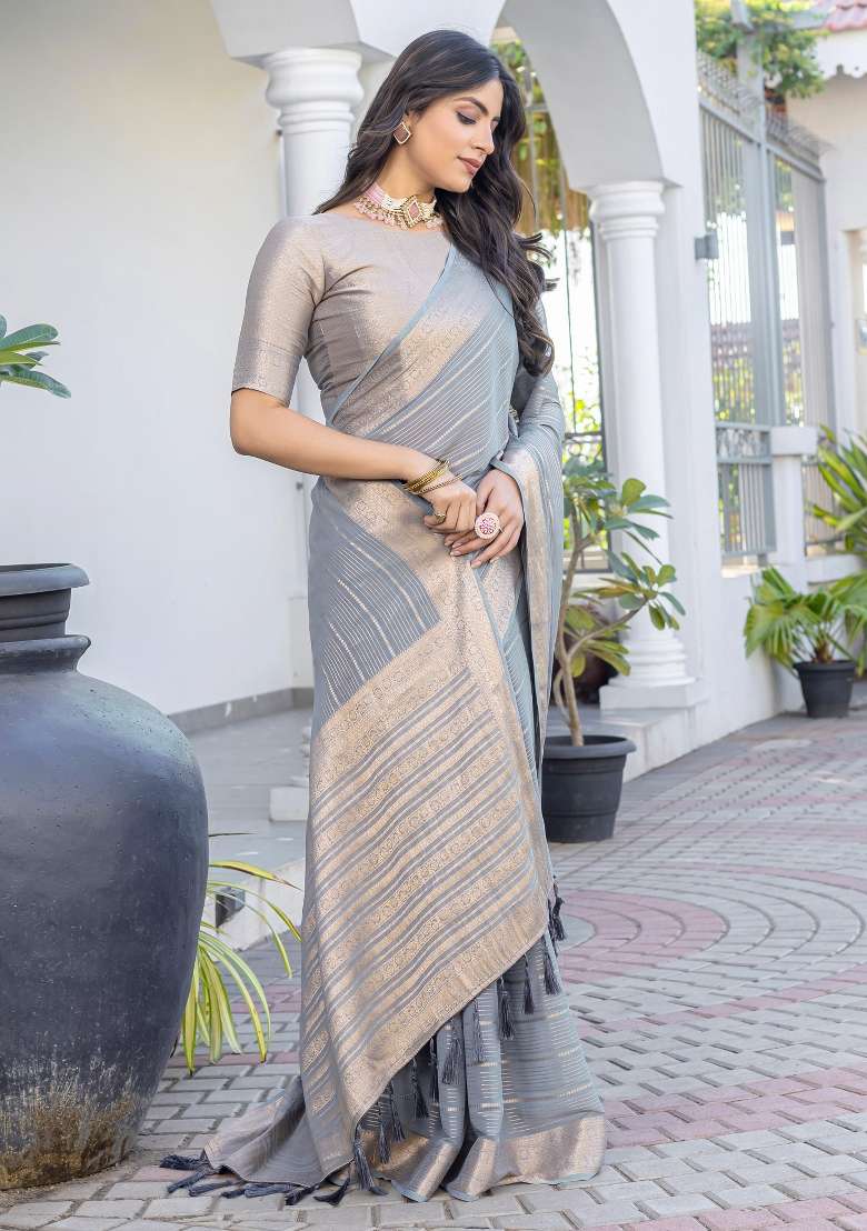 Grey Georgette Saree Set with Printed for Diwali | Wedding & Festive Wear - Indya
