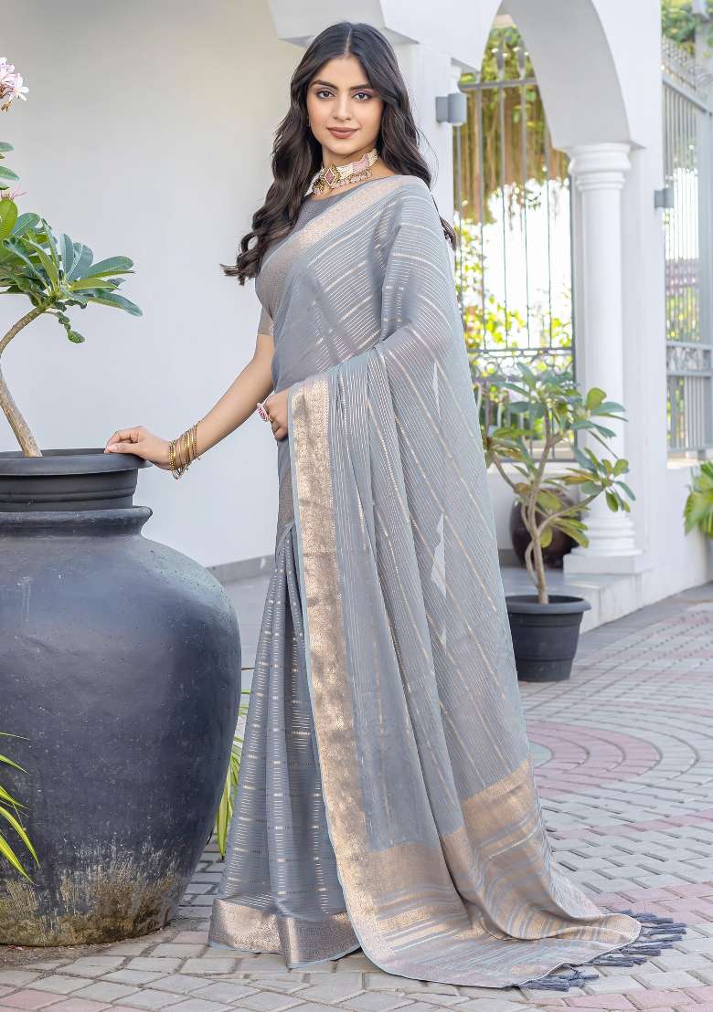 Grey Georgette Saree Set with Printed for Diwali | Wedding & Festive Wear - Indya