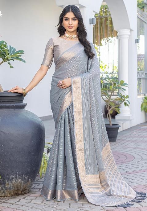 Grey Printed Georgette Saree Set — view on Indya