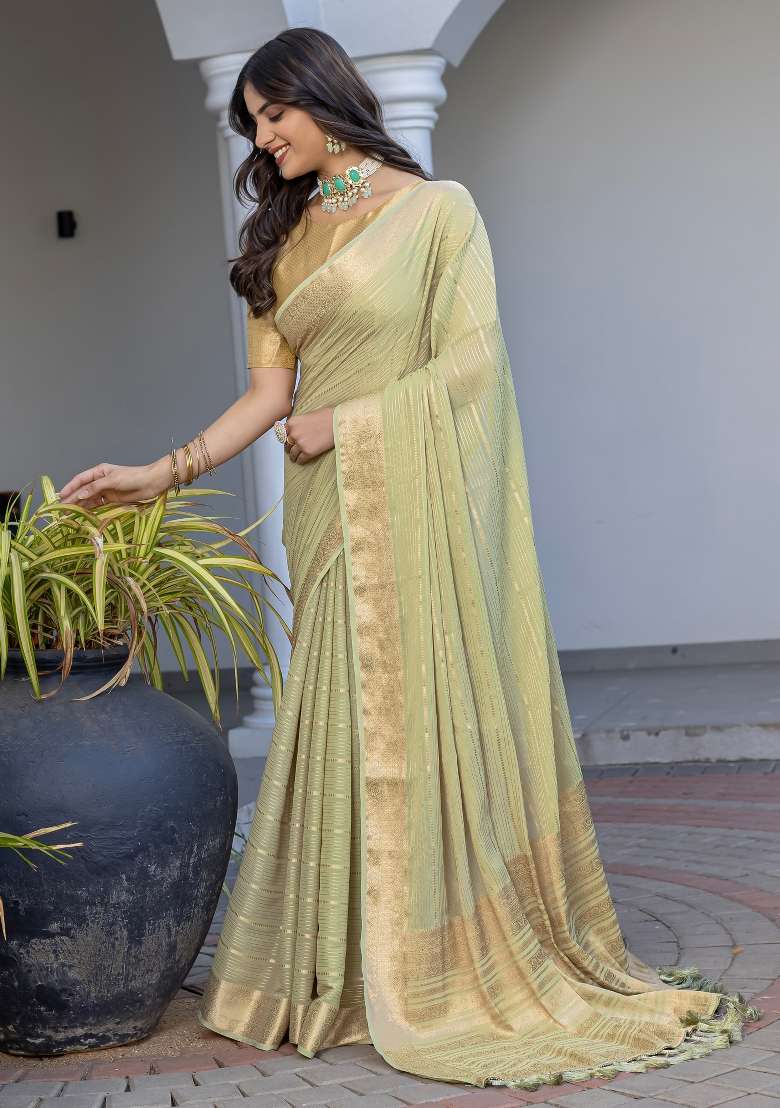 Light Green Printed Georgette Saree Set - Indya