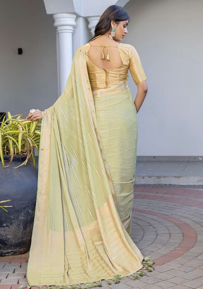 Light Green Printed Georgette Saree Set - Indya