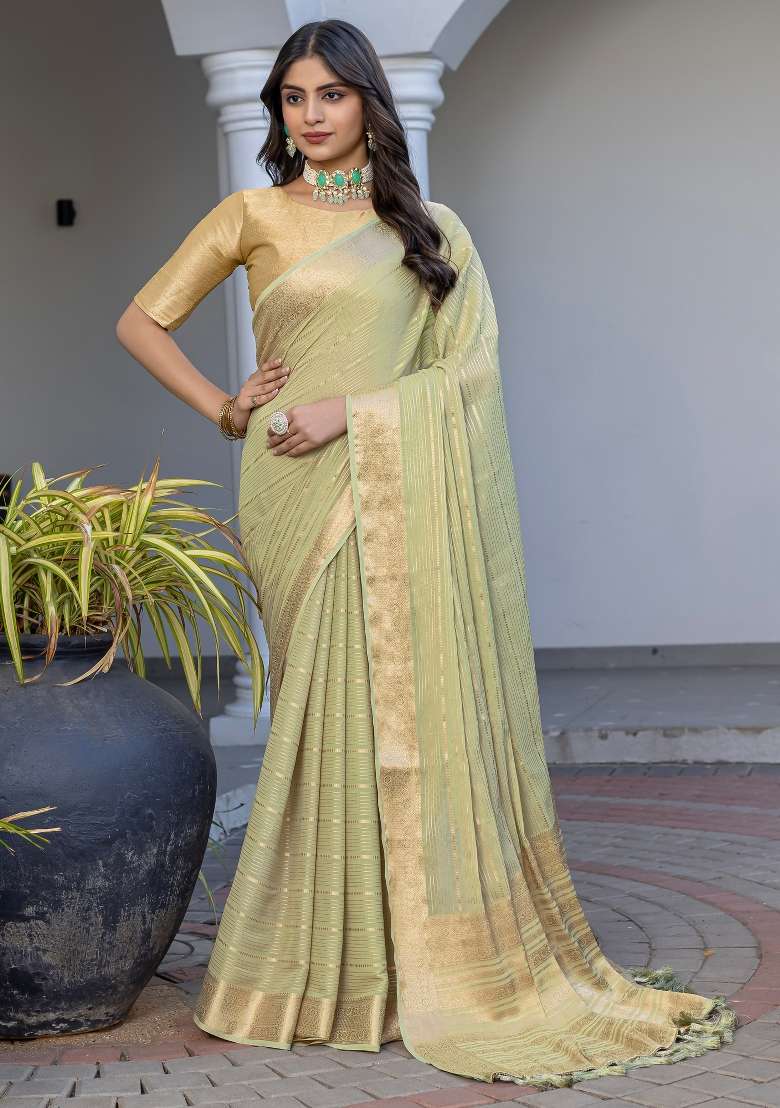 Light Green Printed Georgette Saree Set - Indya