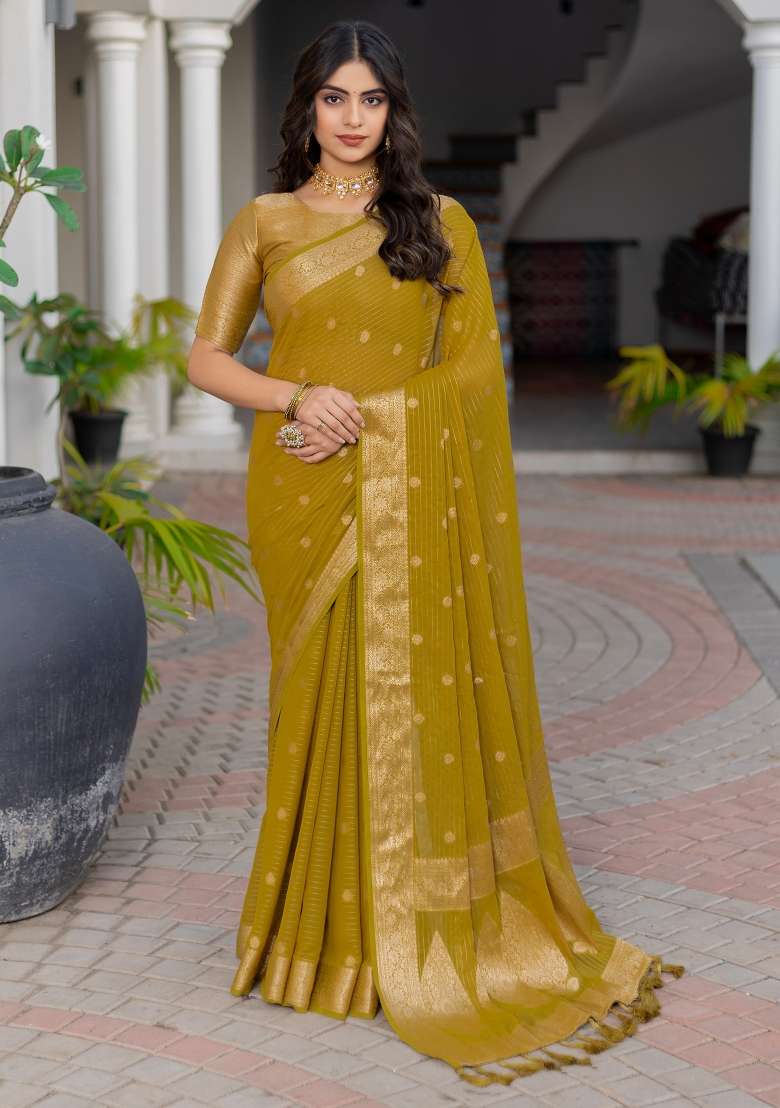 Olive Printed Georgette Saree Set - Indya