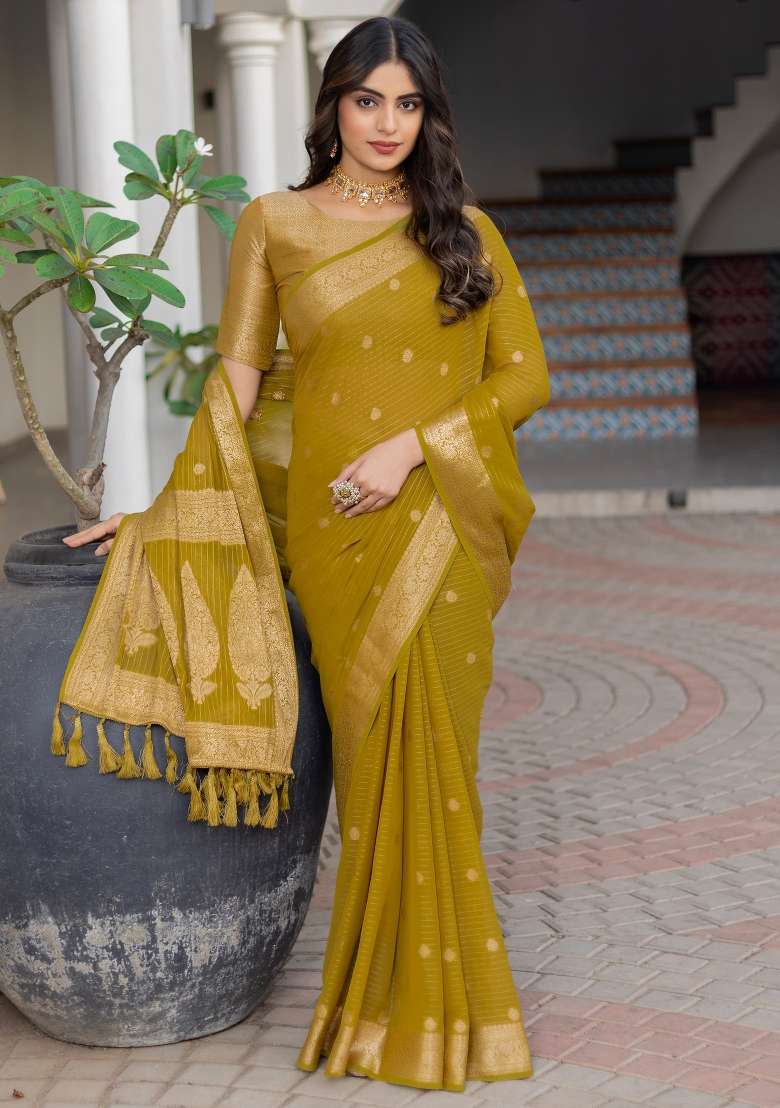 Olive Printed Georgette Saree Set - Indya
