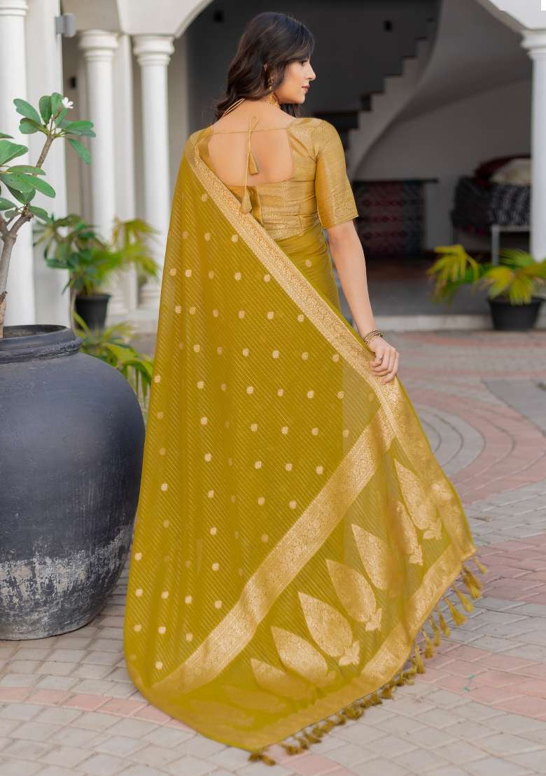 Olive Printed Georgette Saree Set - Indya