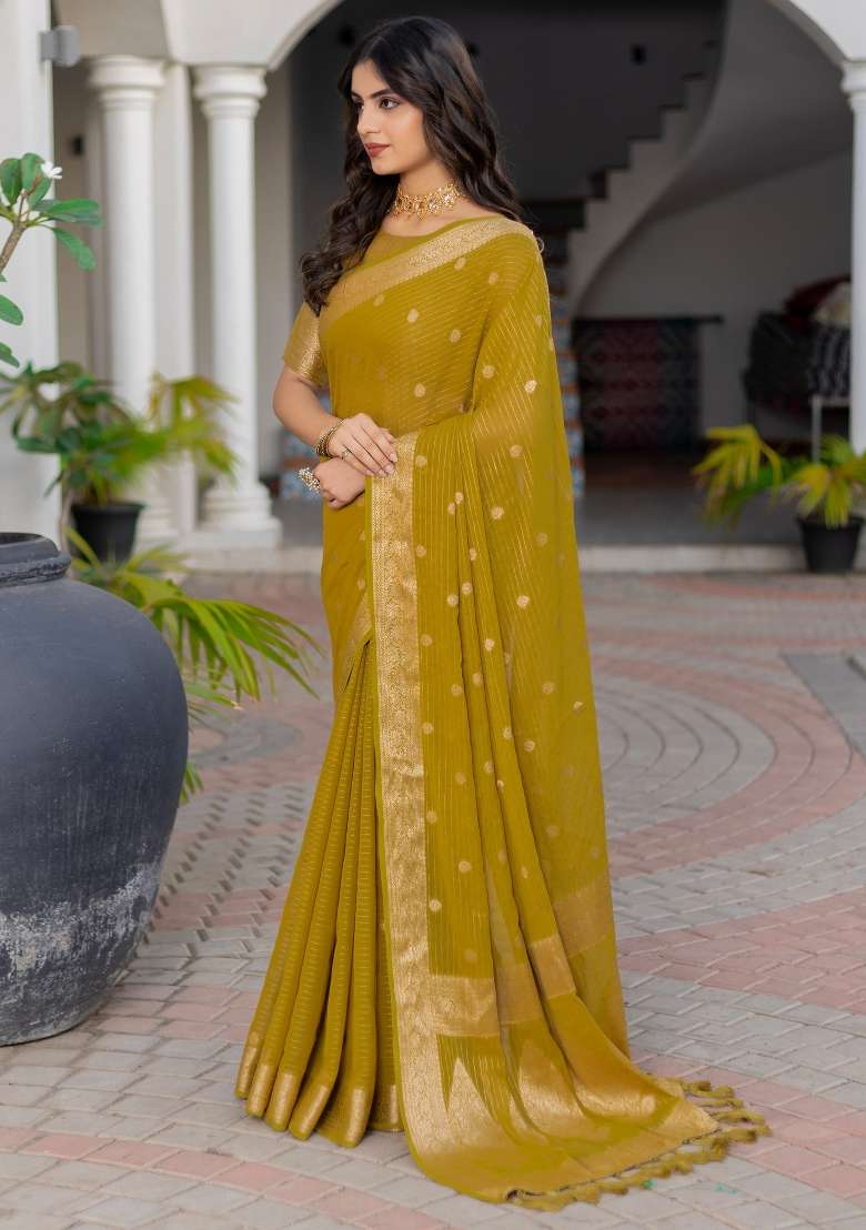 Olive Printed Georgette Saree Set - Indya