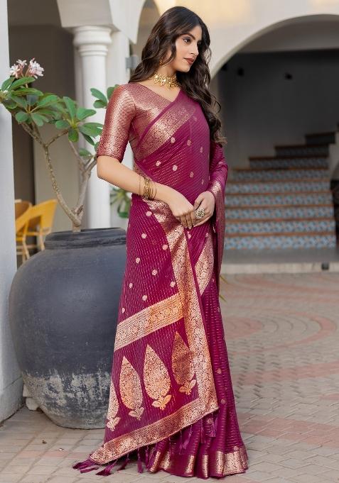 Purple Printed Georgette Saree Set — view on Indya
