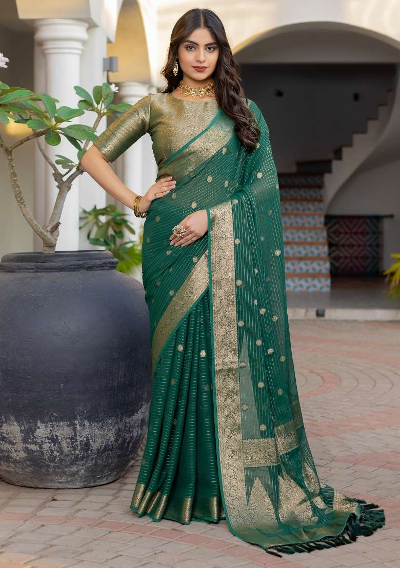 Green Printed Georgette Saree Set - Indya