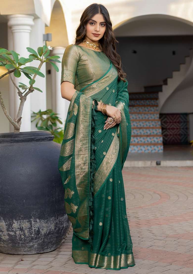 Green Printed Georgette Saree Set - Indya